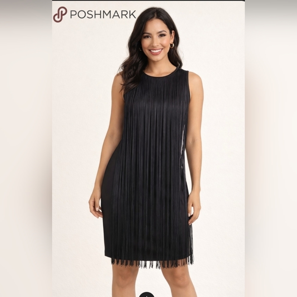 Neiman Marcus Black Fringe Midi Dress,Sleeveless Cocktail Dress Size 10.